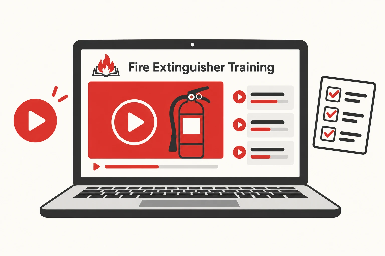 Illustrated laptop showing the Fire Extinguisher Training video and assessment